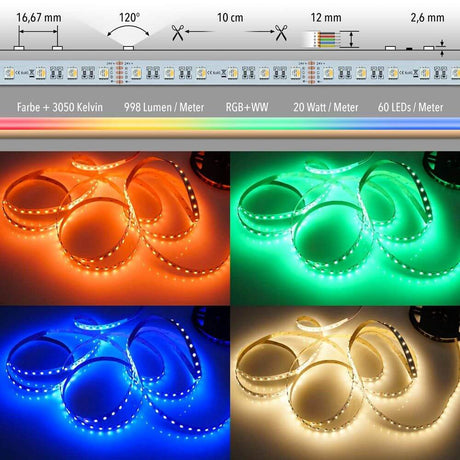 20 W/m RGBW Warm white 24V 5m LED-Strip IP63 in various colors with technical details and installation instructions.