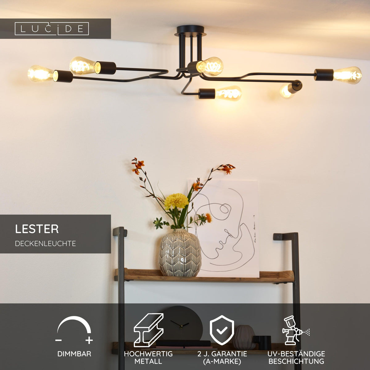 Kattovalaisin Lester 6-lamppuinen kattoon lähellä musta 75x100x20cm (5)