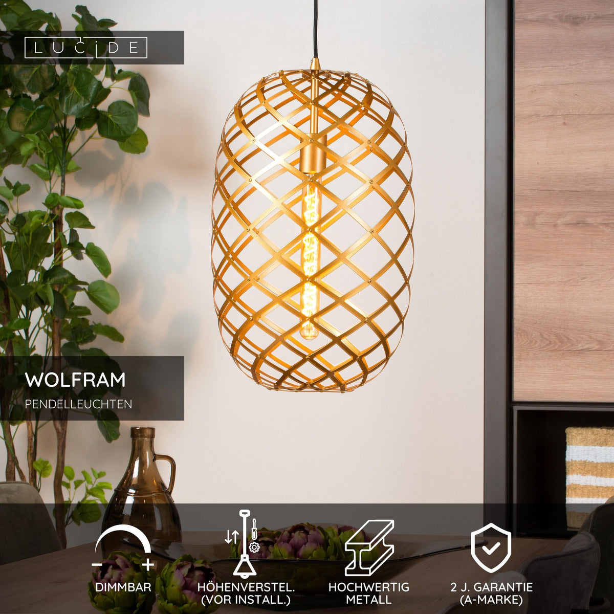 Wolfram oval pendant light, height-adjustable, with elliptical metal rings Ø 32cm (5)