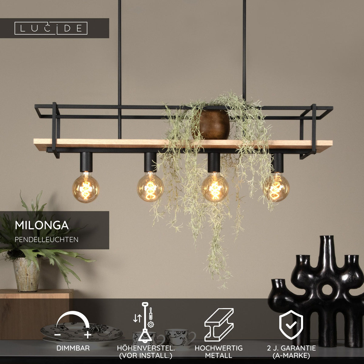 Lámpara colgante Milonga de 4 luces con pantalla de madera, altura regulable, negra (5)