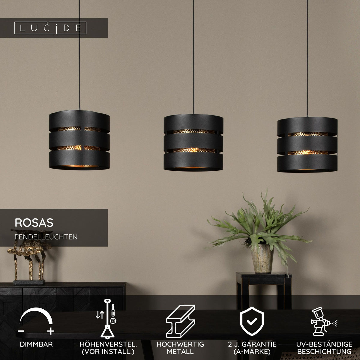 Rosas 3-light pendant light 130cm height-adjustable Black, Brass (5)