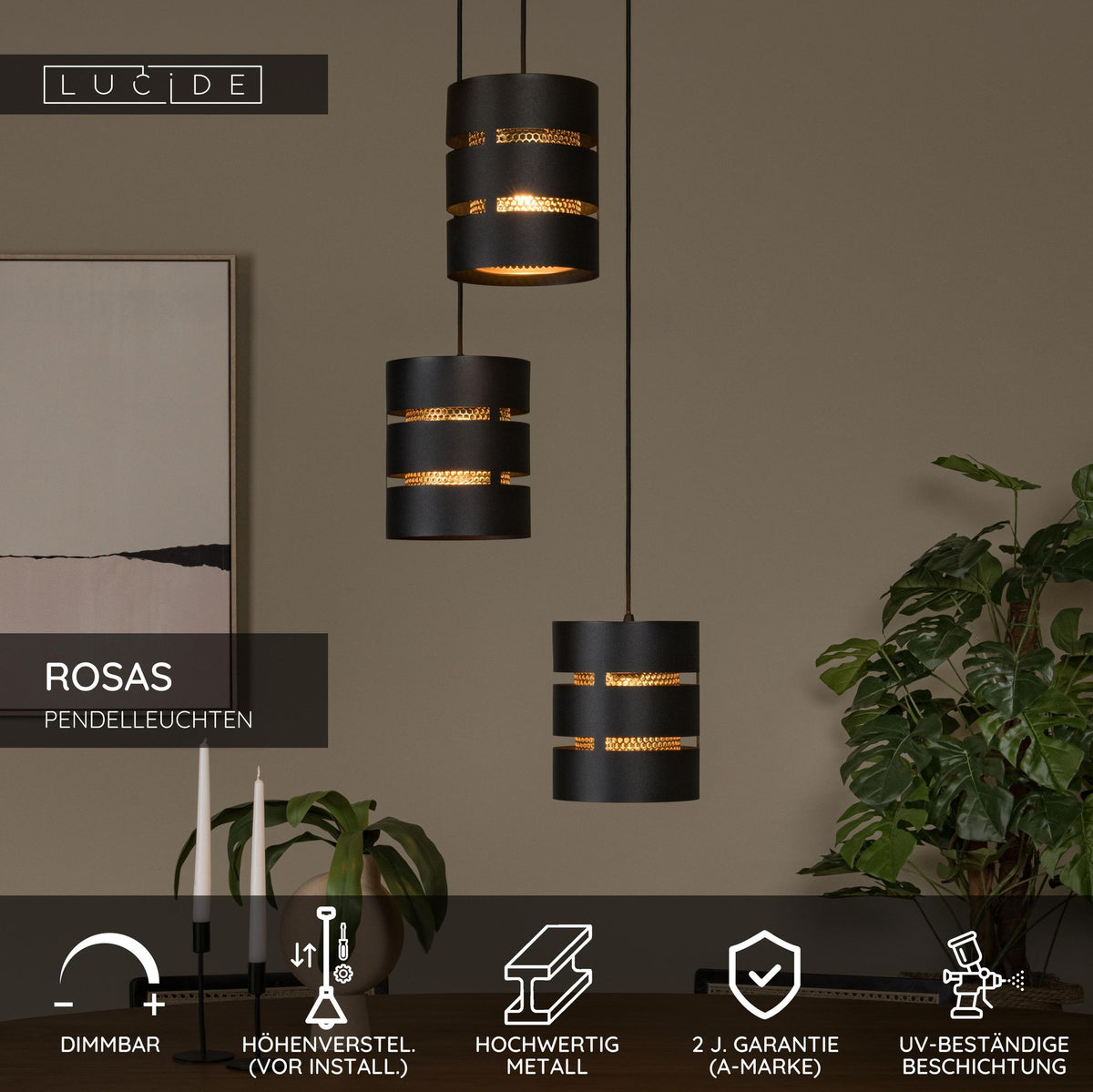 Rosas pendant light, 3-light, round, black, brass, height-adjustable (5)