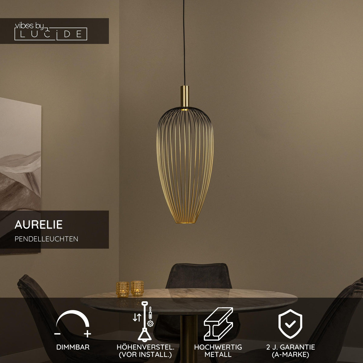 Pendelleuchte Aurelie mit Metallschirm Gold, Schwarz (4)