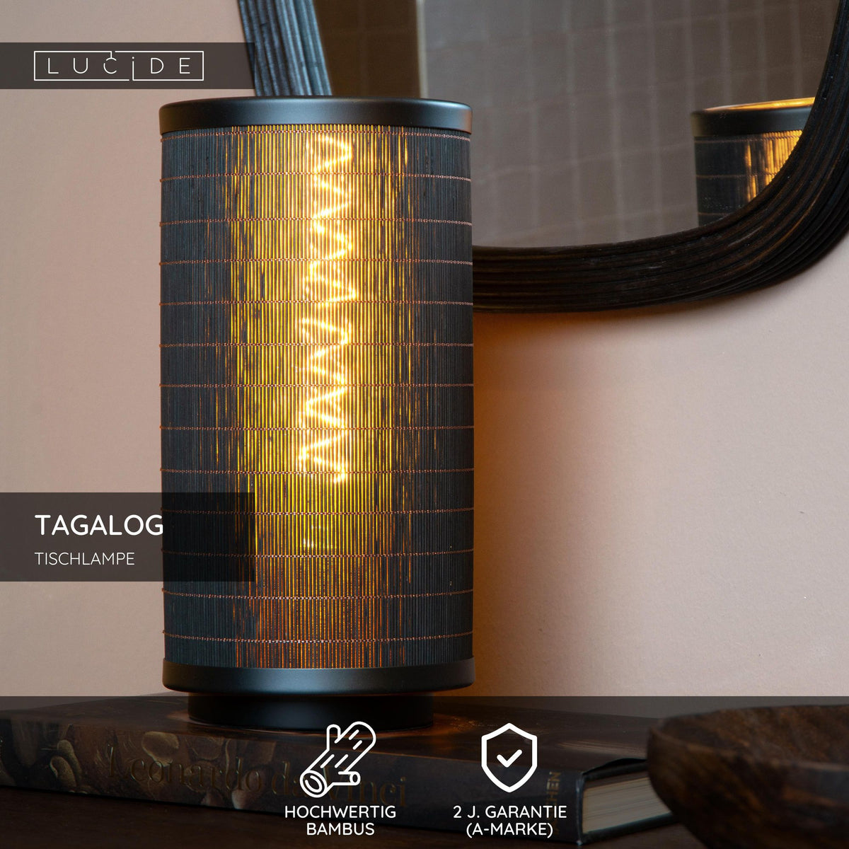 Tischleuchte Tagalog mit Bambusschirm Ø 15cm Schwarz (4)