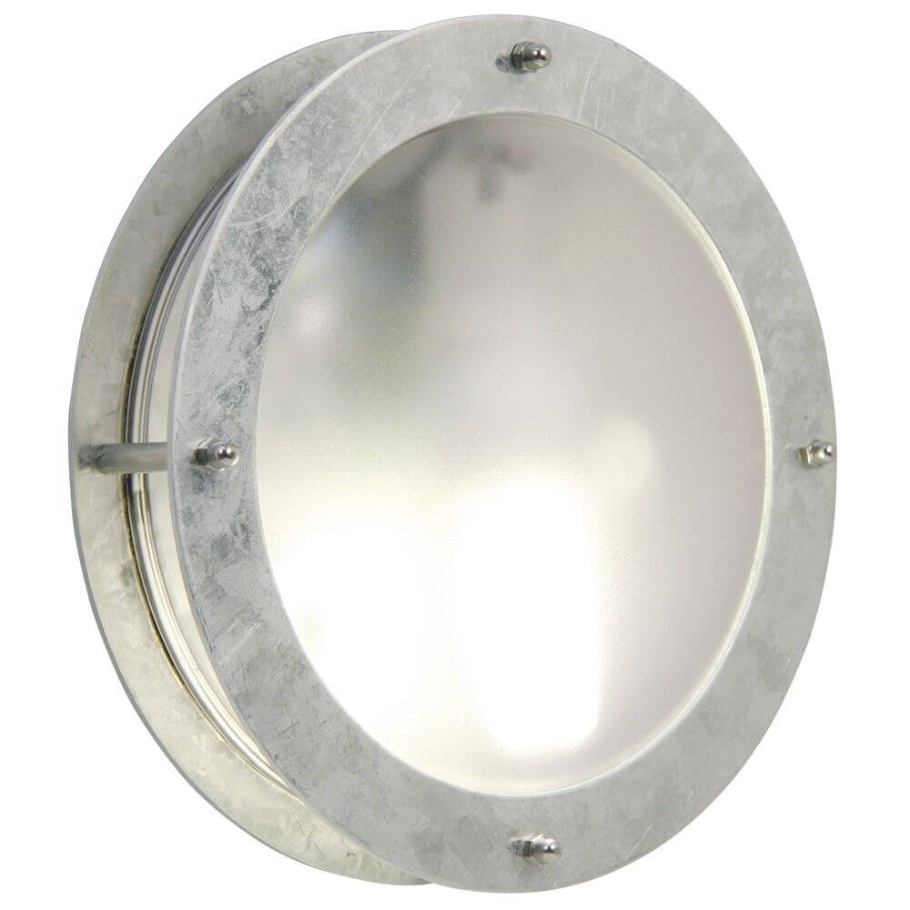 Malte Außen-Wandleuchte Zink aus verzinktem Stahl mit milchigem Glas zum Einsatz im Freien.