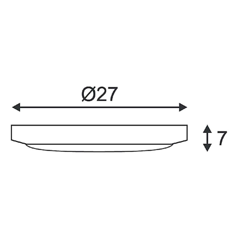 Technische Zeichnung der Bulan Glas Deckenleuchte rund Weiß, Durchmesser 27cm, Höhe 7cm.