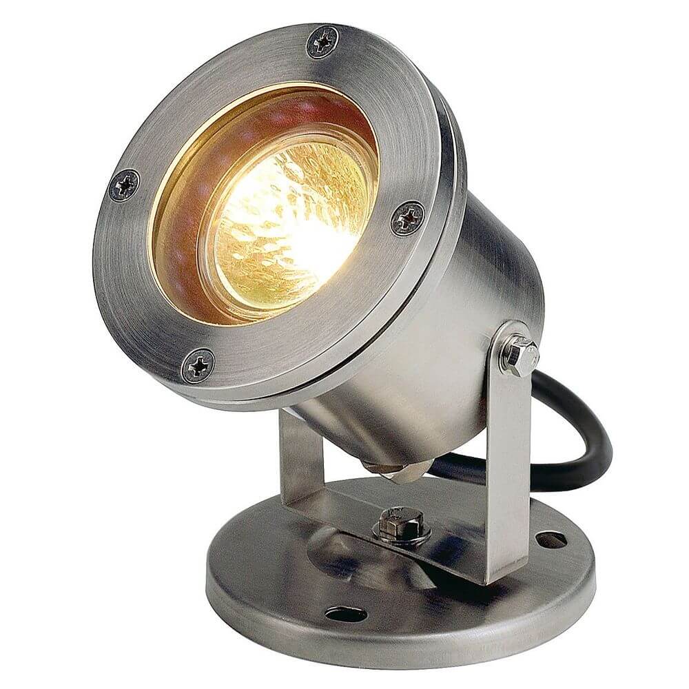 Edelstahl Niedervolt Aufbauleuchte NAUTILUS, schwenkbar, IP67, für Außenbereich, max. 35W, Boden- und Wandmontage.
