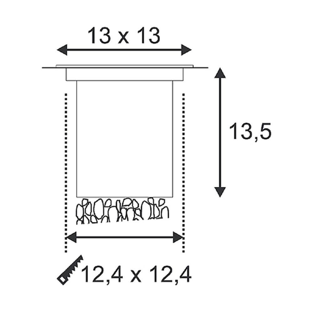 Technische Zeichnung des Dasar Square GU10 Bodeneinbaustrahlers Edelstahl max. 35W IP67 mit Abmessungen.