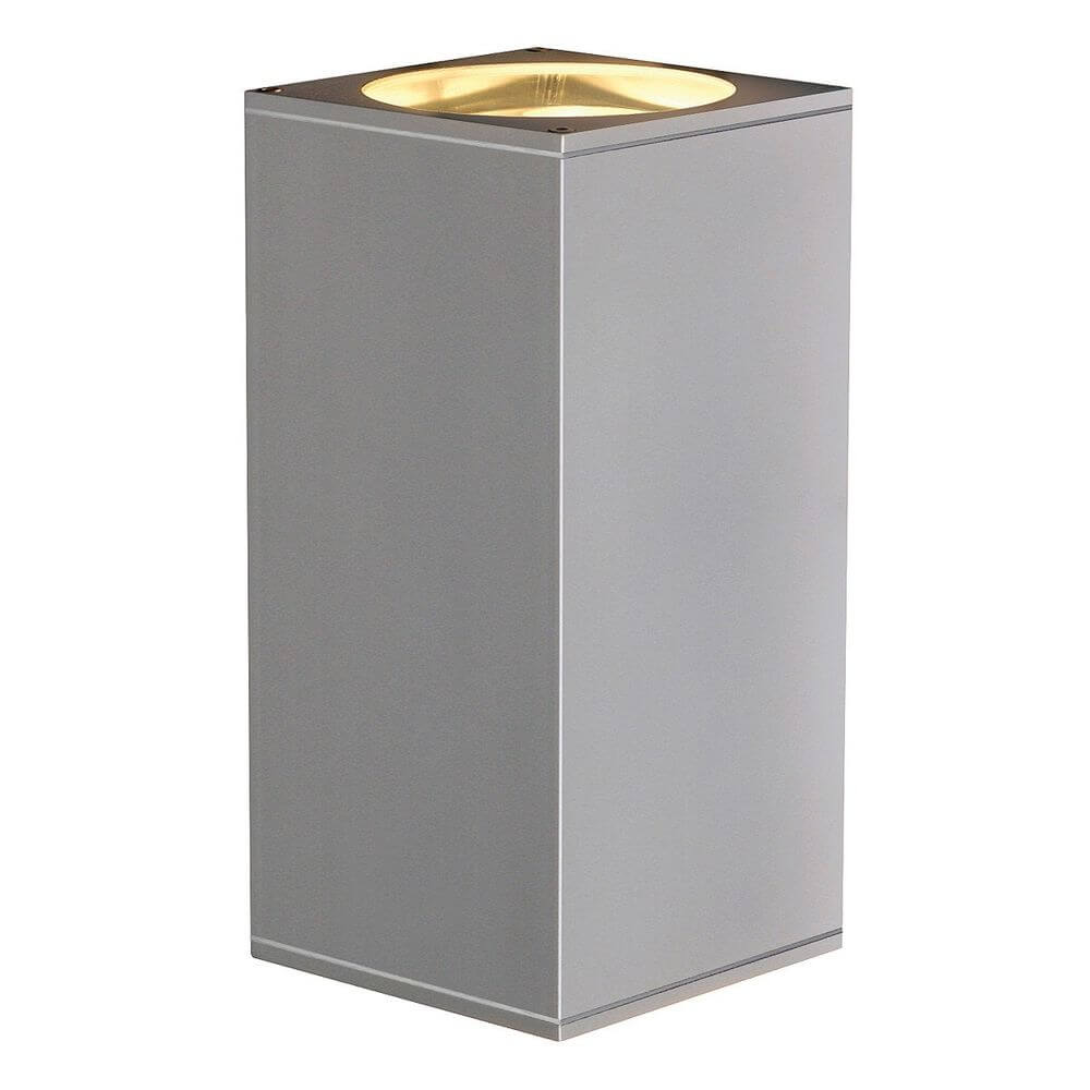 Wandleuchte BIG THEO in silbergrau, eckig, aus Aluminium und Glas mit UP/DOWN Lichtkegel, IP44 geeignet für Außenbereiche.