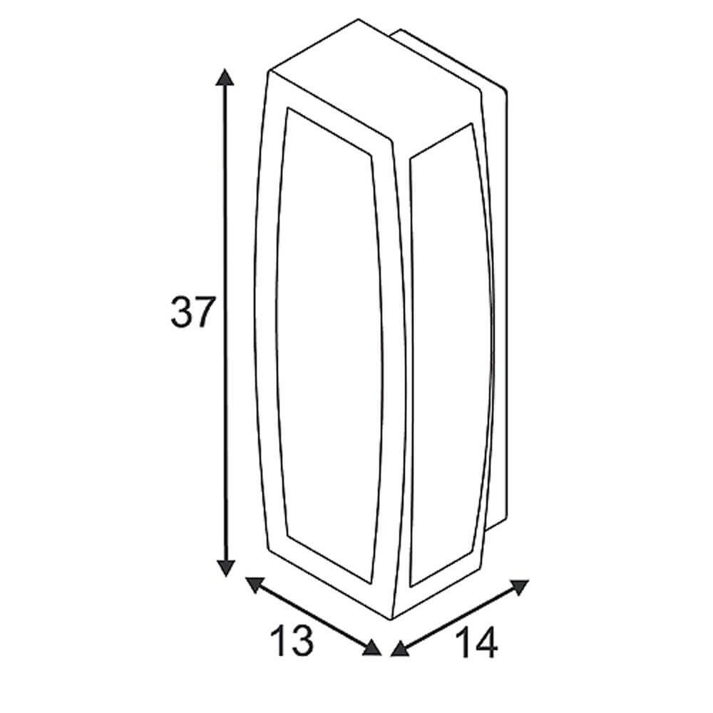 Maßzeichnung der Meridian Box Wandleuchte silbergrau E27 max. 20W mit Sensor, Höhe 37 cm, Breite 14 cm, Tiefe 13 cm.
