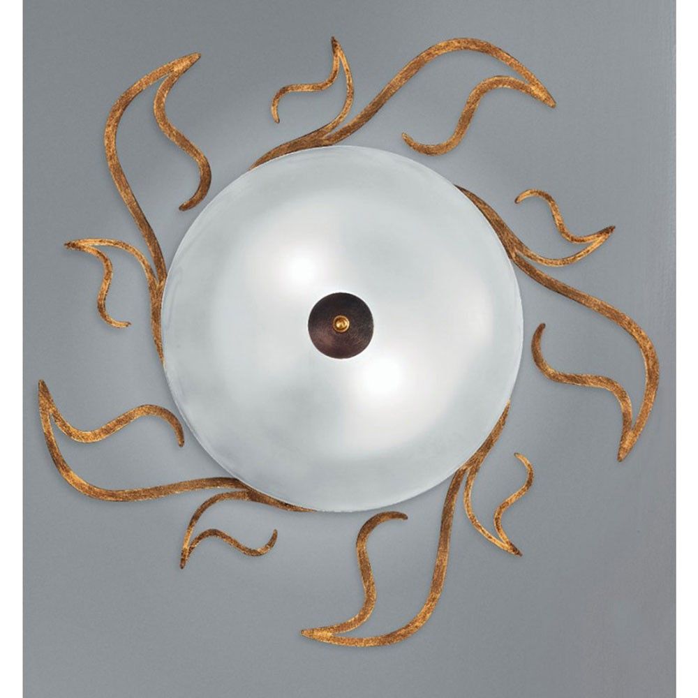 Amabile Deckenleuchte 2-flammig Glas Weiß Ø 60cm mit goldenen Verzierungen an der Wand.