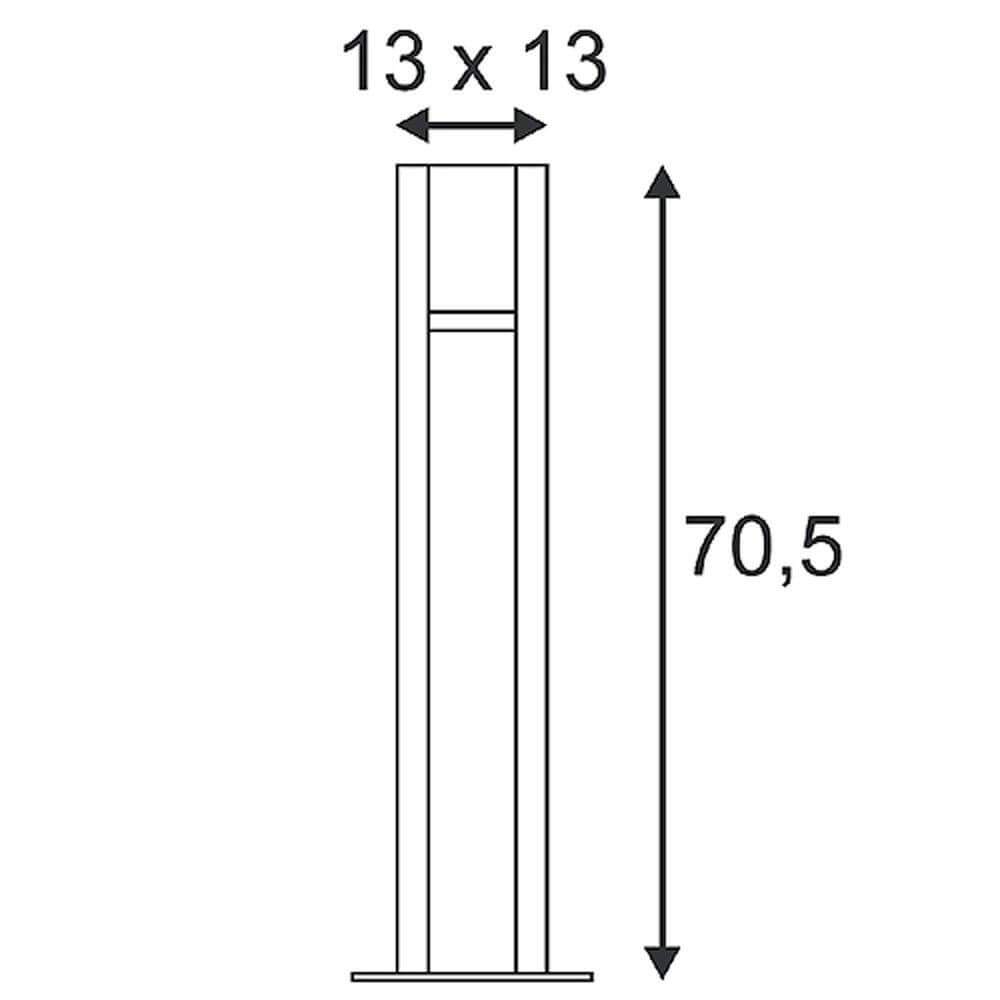 Maßzeichnung der Arrock Slot GU10 Stehleuchte in Granit Salz & Pfeffer, 13x13 cm, Höhe 70,5 cm.