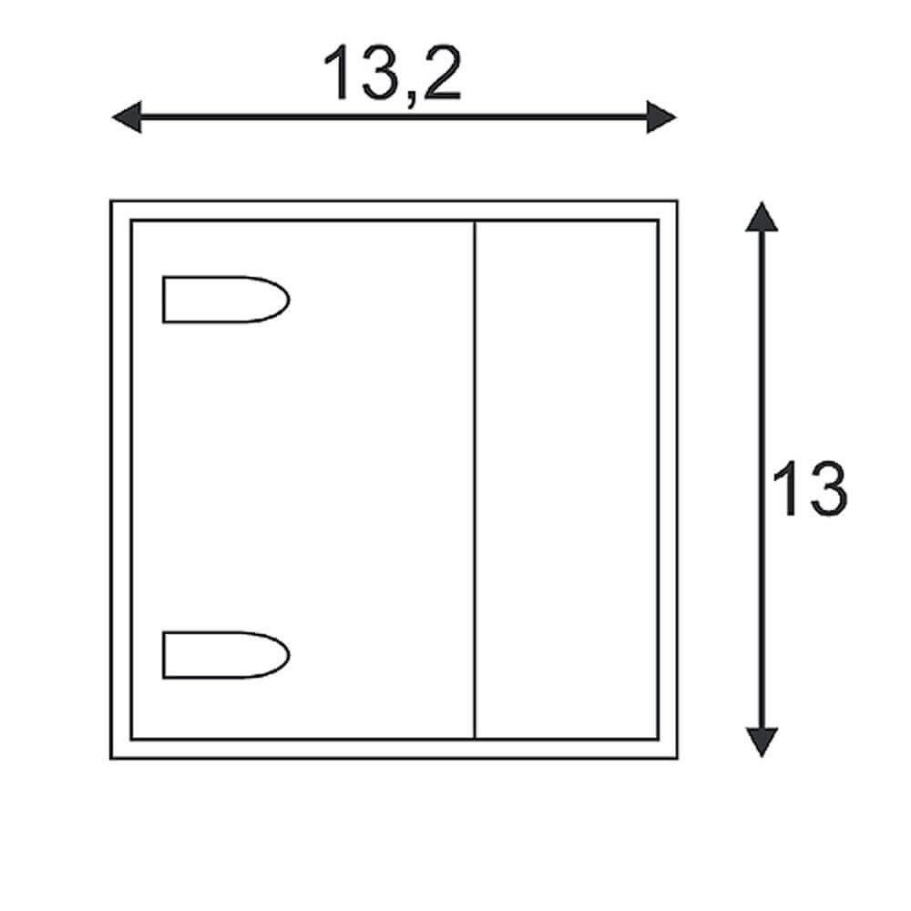 Technische Zeichnung der LOGS Wall Wandleuchte eckig weiß 6W LED Warmweiß mit Maßen von 13,2 x 13 cm.