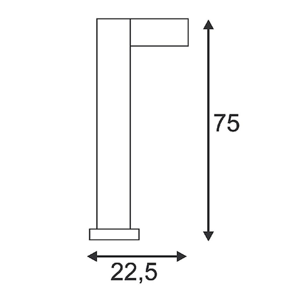 Quadrasyl Stehleuchte SL 75 eckig silbergrau GX53 max. 11W technische Zeichnung mit Maßen 75 und 22,5 cm.