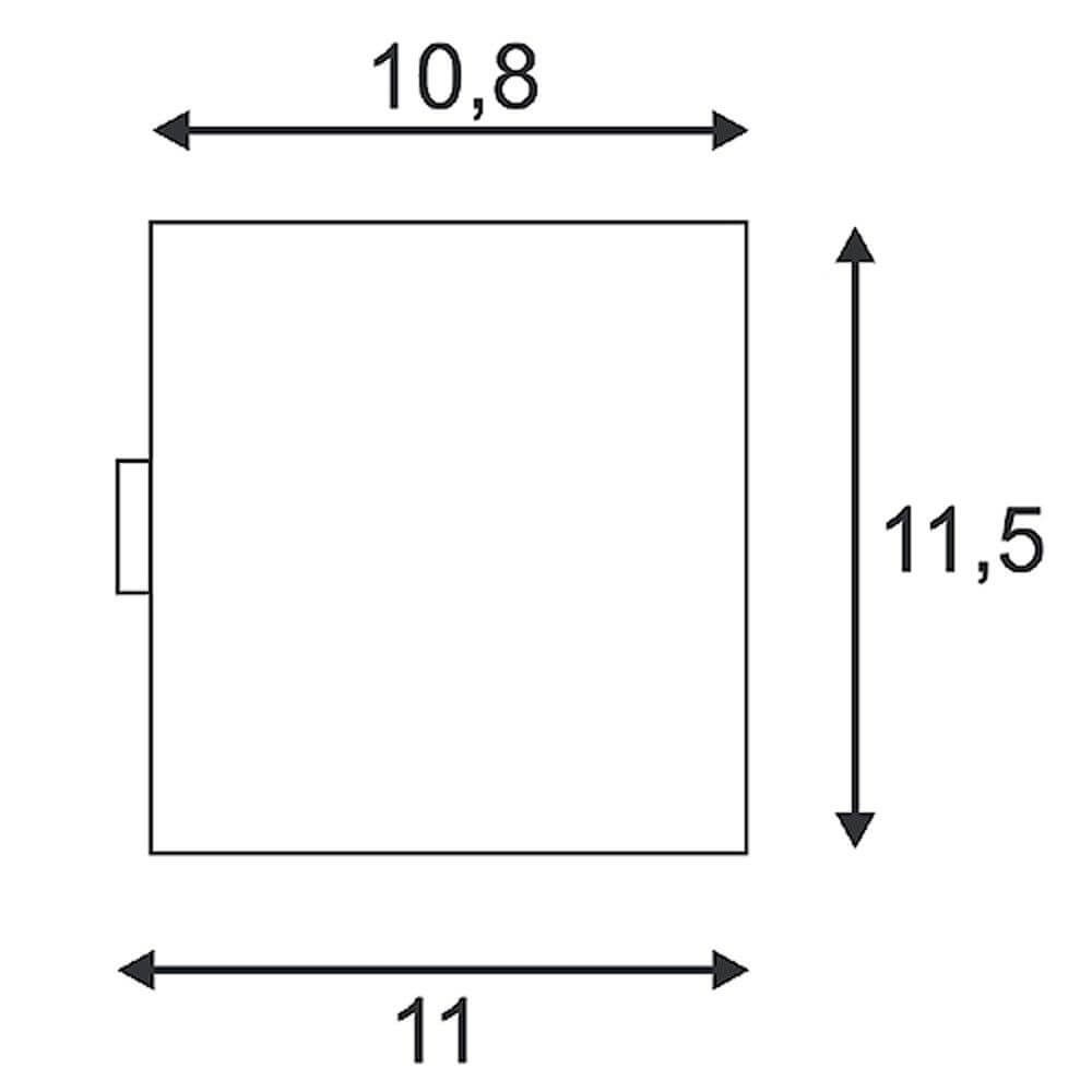 Maße der SITRA CUBE Wandleuchte weiß GX53 max. 9W, 10,8 cm Breite und 11,5 cm Höhe.