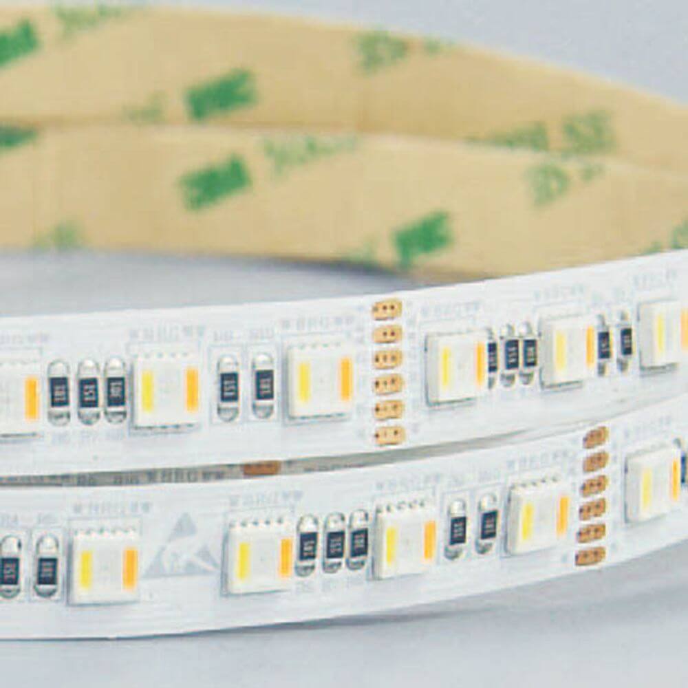 LED-Strip SMD 5050, 24V, IP63 mit 5-in-1-Chips für RGB und CCT Beleuchtung, einfache Montage mit 3M Klebeband.