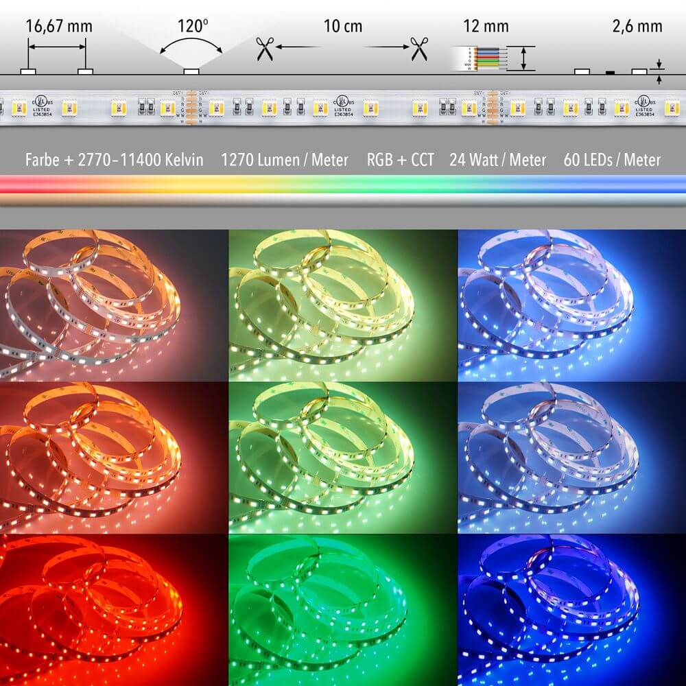 24 W/m RGB + CCT 5 in 1 LED-Strip IP63 mit verschiedenen Farben und Montagehinweisen, 12mm Breite, SMD 5050.