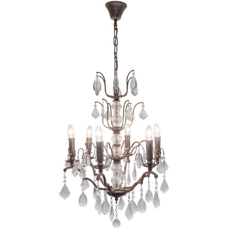 Hängeleuchte 6-flammig Cristallo Eisen-Glas Antikbraun-Gold mit Kristallanhängern und eleganten Lichtquellen.