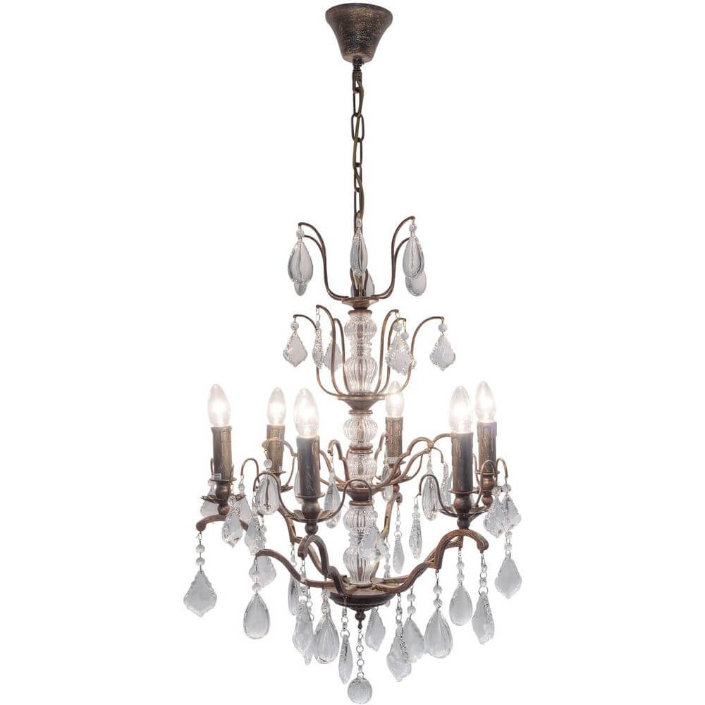 Hängeleuchte 6-flammig Cristallo Eisen-Glas Antikbraun-Gold mit Kristallanhängern und eleganten Lichtquellen.