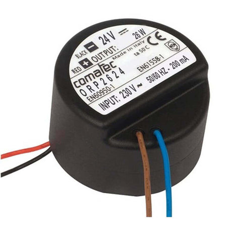 26W socket power supply for standard flush-mounted box 24V IP64, suitable for flush-mounted installation with 26 watts.