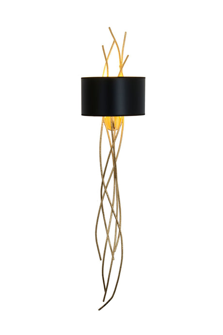 Wandleuchte Elba Lungo mit rundem schwarzem Schirm, goldenen Metallverzierungen und Astdesign, 32x21cm