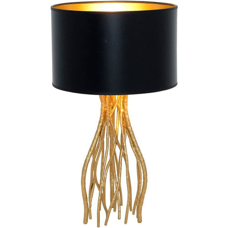 Lampada da tavolo Capri piccola in metallo oro-nero con rami dorati e paralume nero.