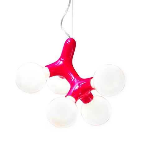 Lampada a sospensione DNA Double-5 bianca dal design moderno con cinque sfere luminose e struttura rossa lucida.