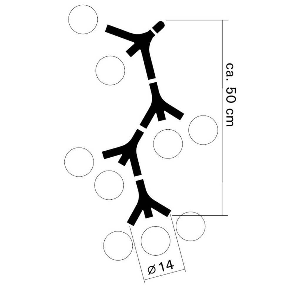 Diagramm der DNA Quattro-9.1 Pendelleuchte mit Maßen und Anordnung der Lampenelemente.