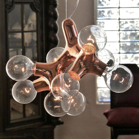 DNA Quattro-9.1 pendant lamp in chrome with an organic structure and glass spheres in a copper-colored design
