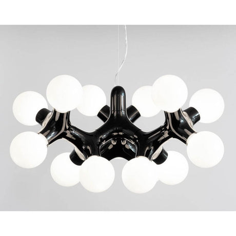 Lampada a sospensione DNA Septo-15 bianca dal design nero con sfere luminose bianche.