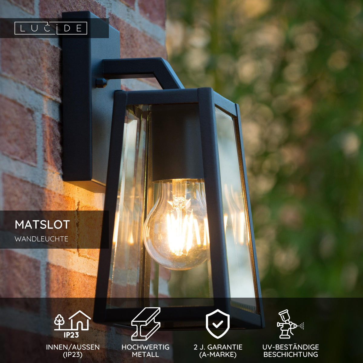 Outdoor wall lantern Matslot 1-light with glass shade Black 24.6cm (6)