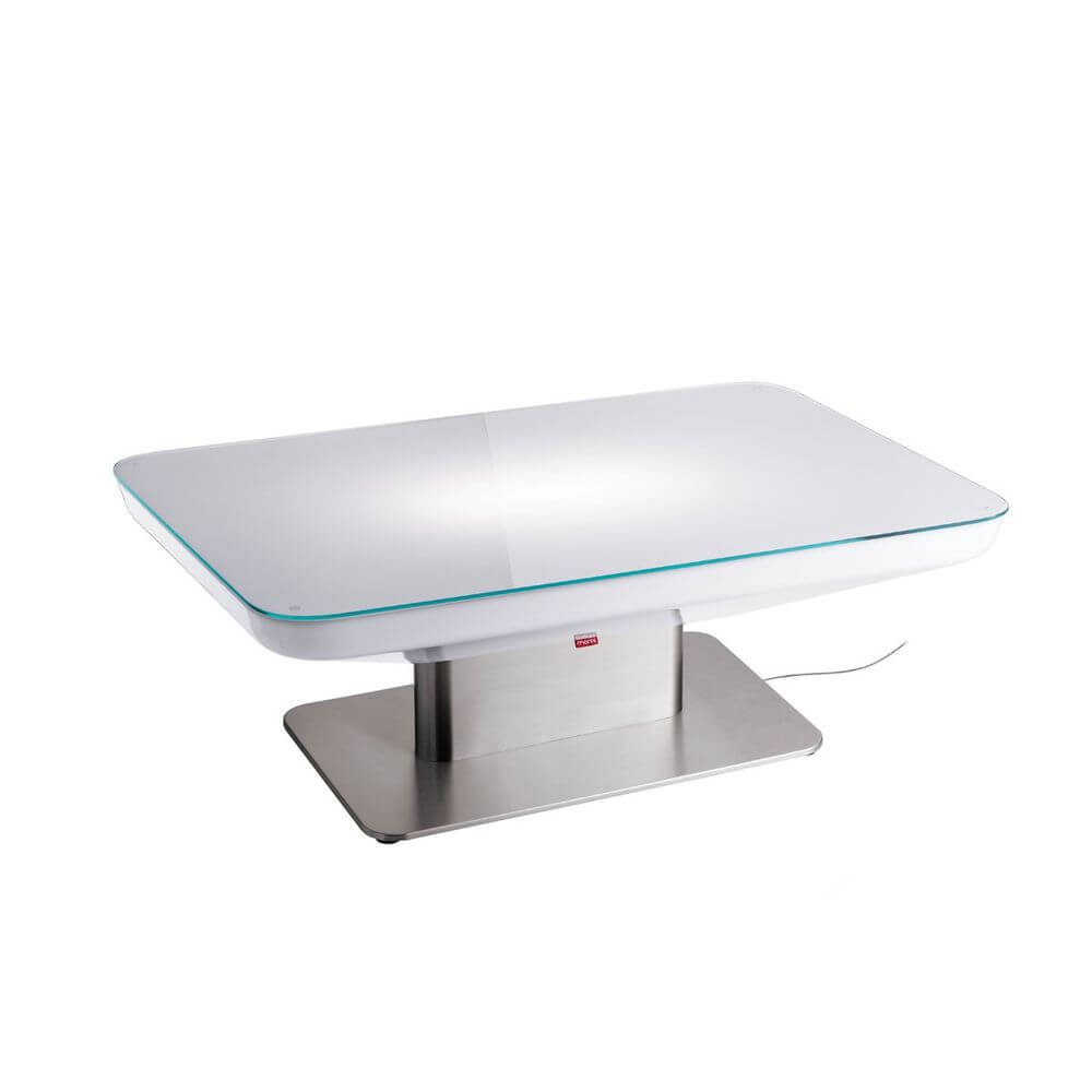 Mesa de centro Moree Studio 36 em design moderno com cabo transparente e base em aço inoxidável.