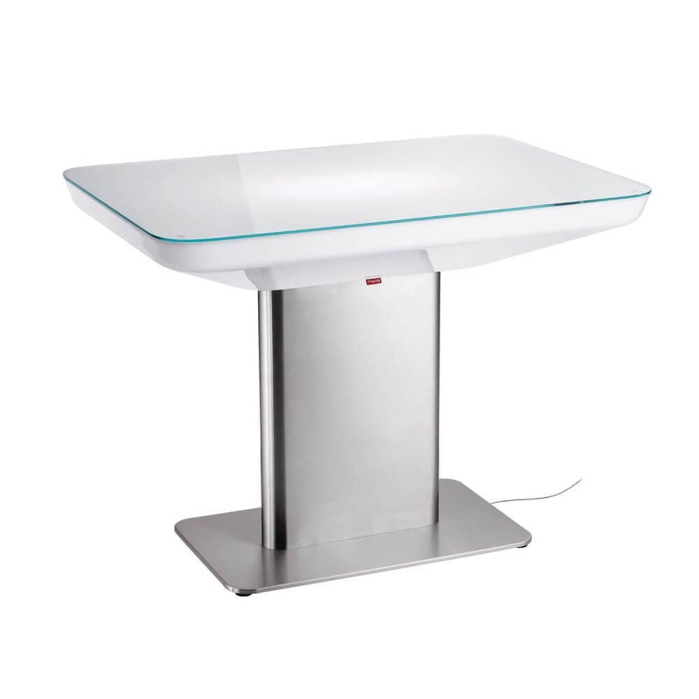 Moree Studio 75 Couchtisch (S14d) in modernem Design, mit transparenter Oberfläche und Edelstahlfuß.