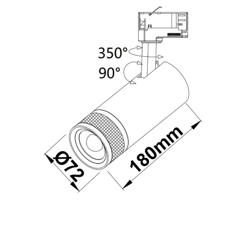 3-PH Schienen-Strahler 24W 20 - 55° schwarz Warmweiß - technische Zeichnung mit Maßangaben.