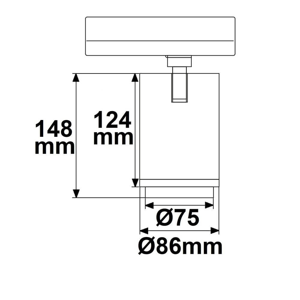 Technische Zeichnung eines Bäckerei LED Strahlers mit Abmessungen: 148mm Höhe, 124mm Breite, Ø75mm und Ø86mm.