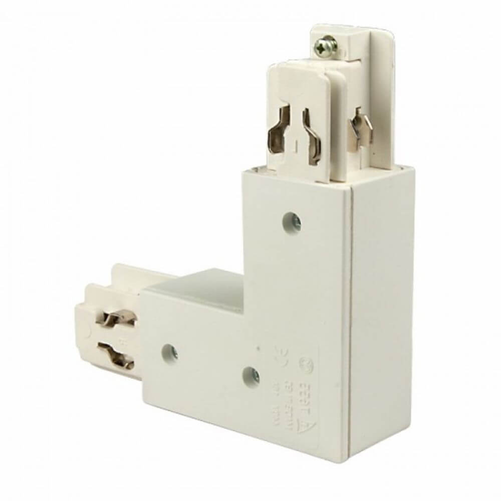 Eck-Verbindungsstück für 3-Phasen Stromschienen, 90° Winkel, Farbe Weiß, robust und langlebig.