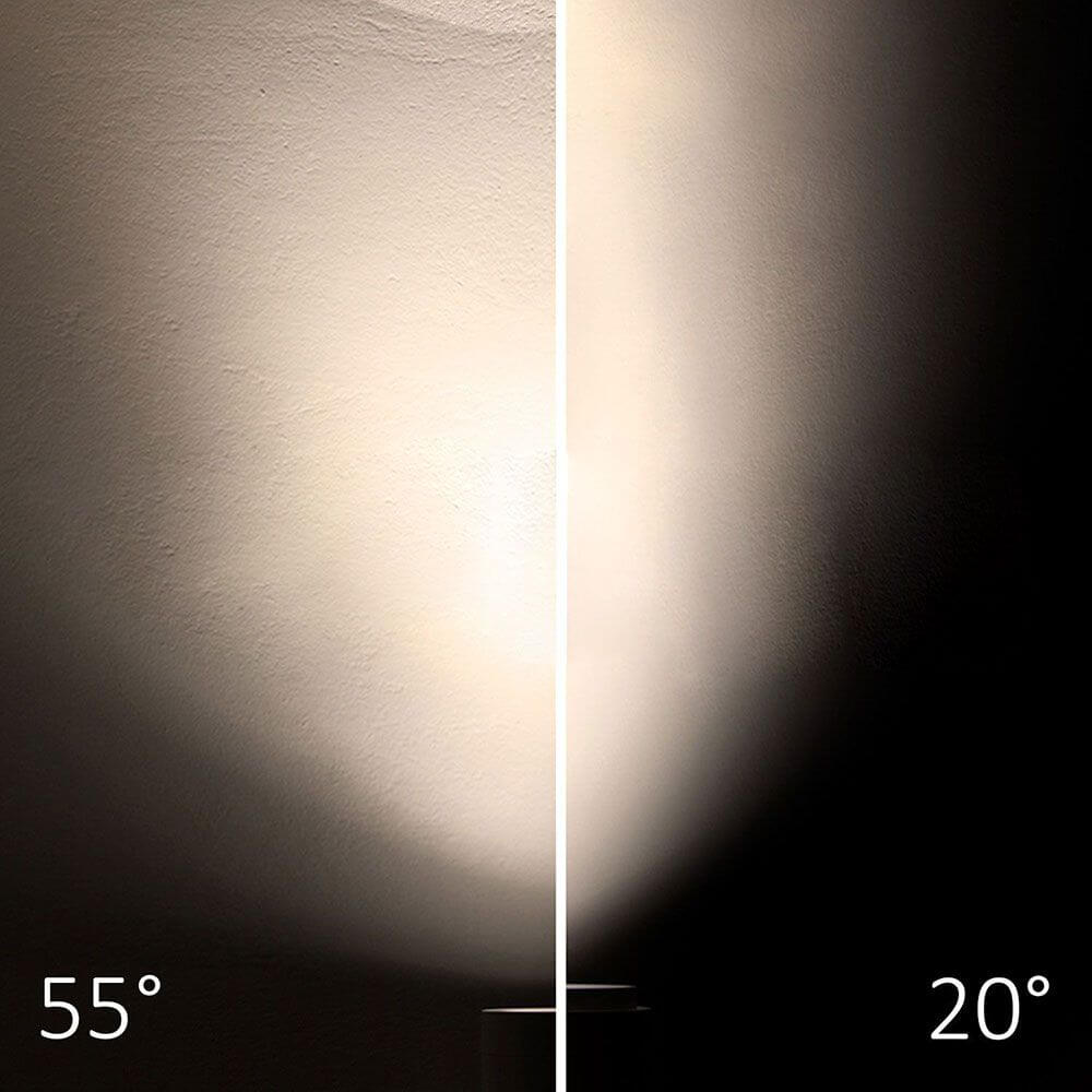 Beleuchtungseffekt des 3-Phasen LED Schienen-Strahler fokussierbar 8W 20°-55° mit 20° und 55° Abstrahlwinkel.