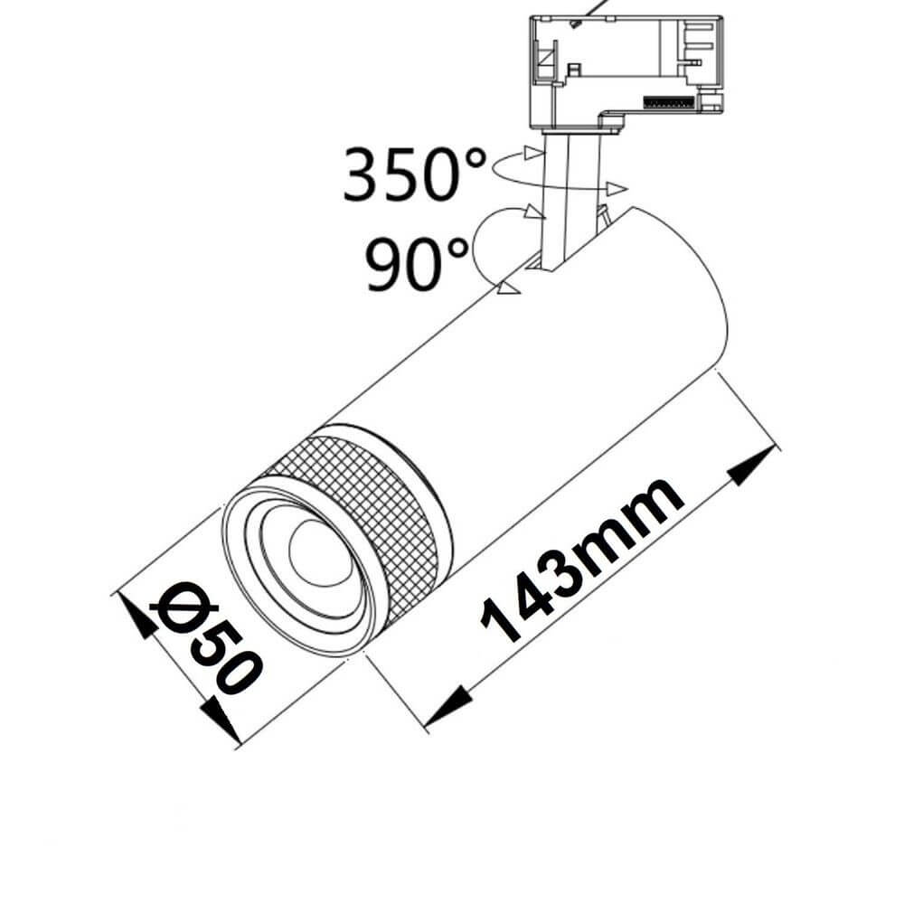 3-Phasen LED Schienen-Strahler fokussierbar 8W 20°-55° technische Zeichnung mit Maßangaben