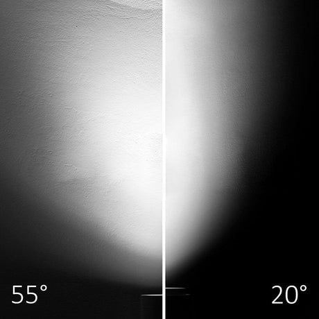 Display of the light distribution of the 3-phase LED track spotlight, focusable 8W 20°-55° at 20° and 55°.