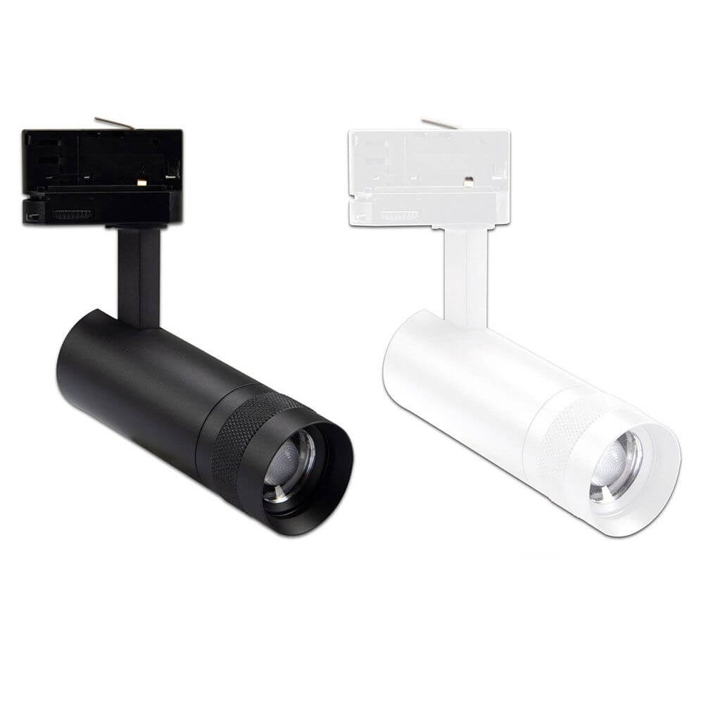 3-Phasen LED Schienen-Strahler fokussierbar 8W 20°-55° in Schwarz und Weiß, drehbar und neigbar.