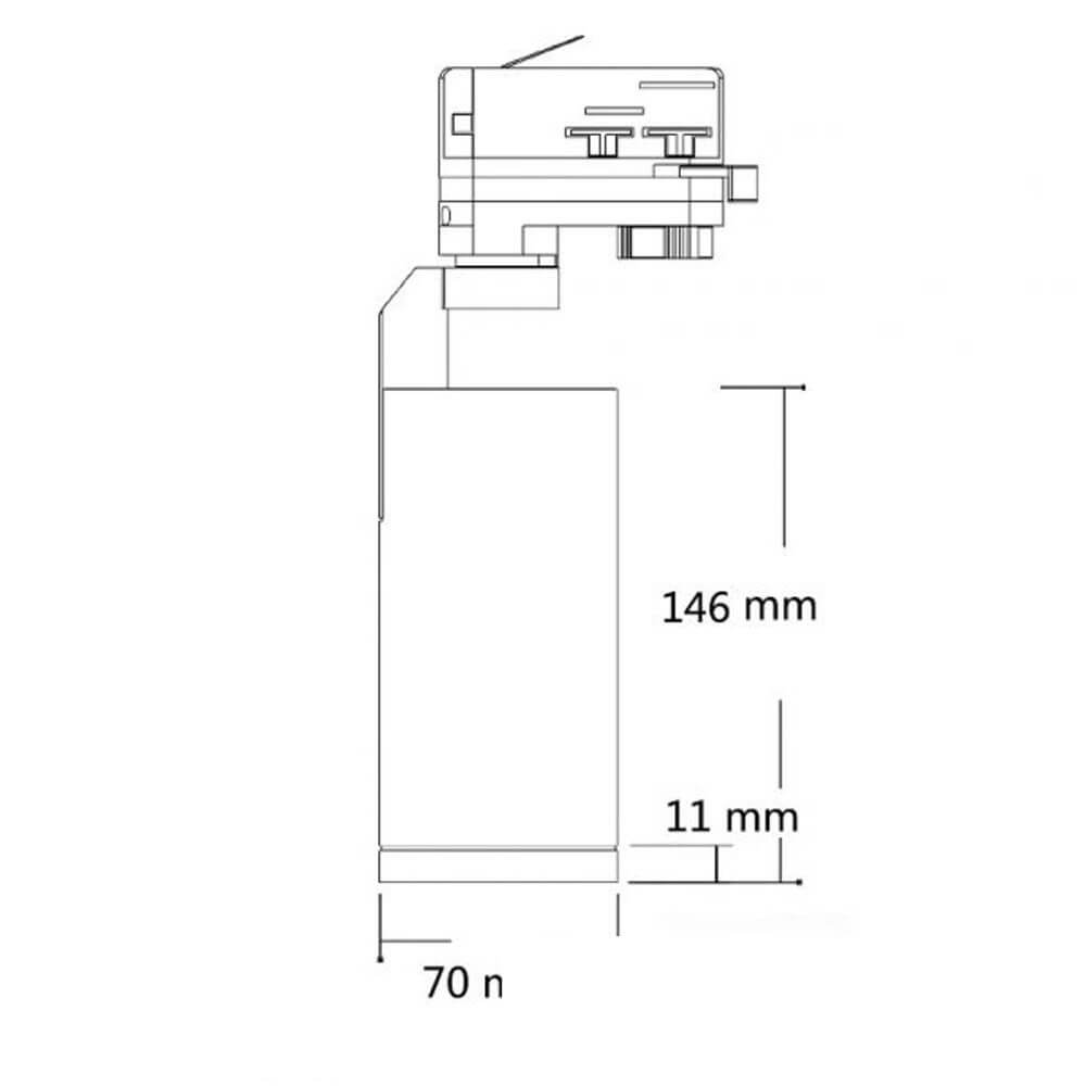 Technische Zeichnung eines 3-Phasen LED Strahlers 1150lm 15W 4000K neutral Weiß, mit Abmessungen.