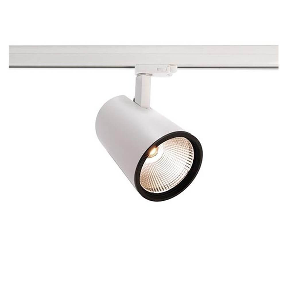 3-Phasen LED Strahler Lunos 4000K Weiß Mattiert auf Stromschiene mit neutralweißem Licht.