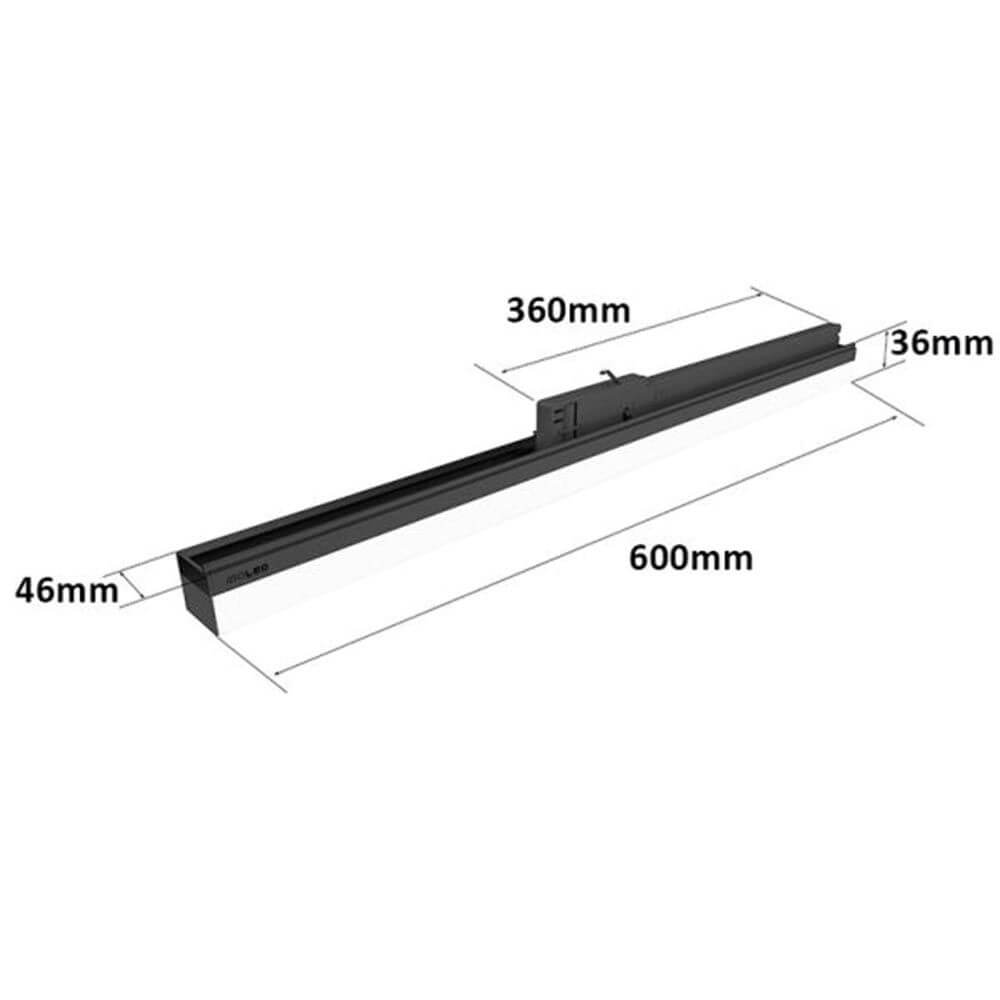 3-Phasen Linienleuchte 2200lm 20W 3000K warm Schwarz mit 3-Phasen EURO Adapter und Maßangaben.