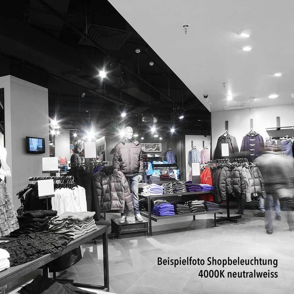 Beispielbild eines Geschäftes, beleuchtet mit 4000K neutralweißen LED-Strahlern für optimale Produktpräsentation.