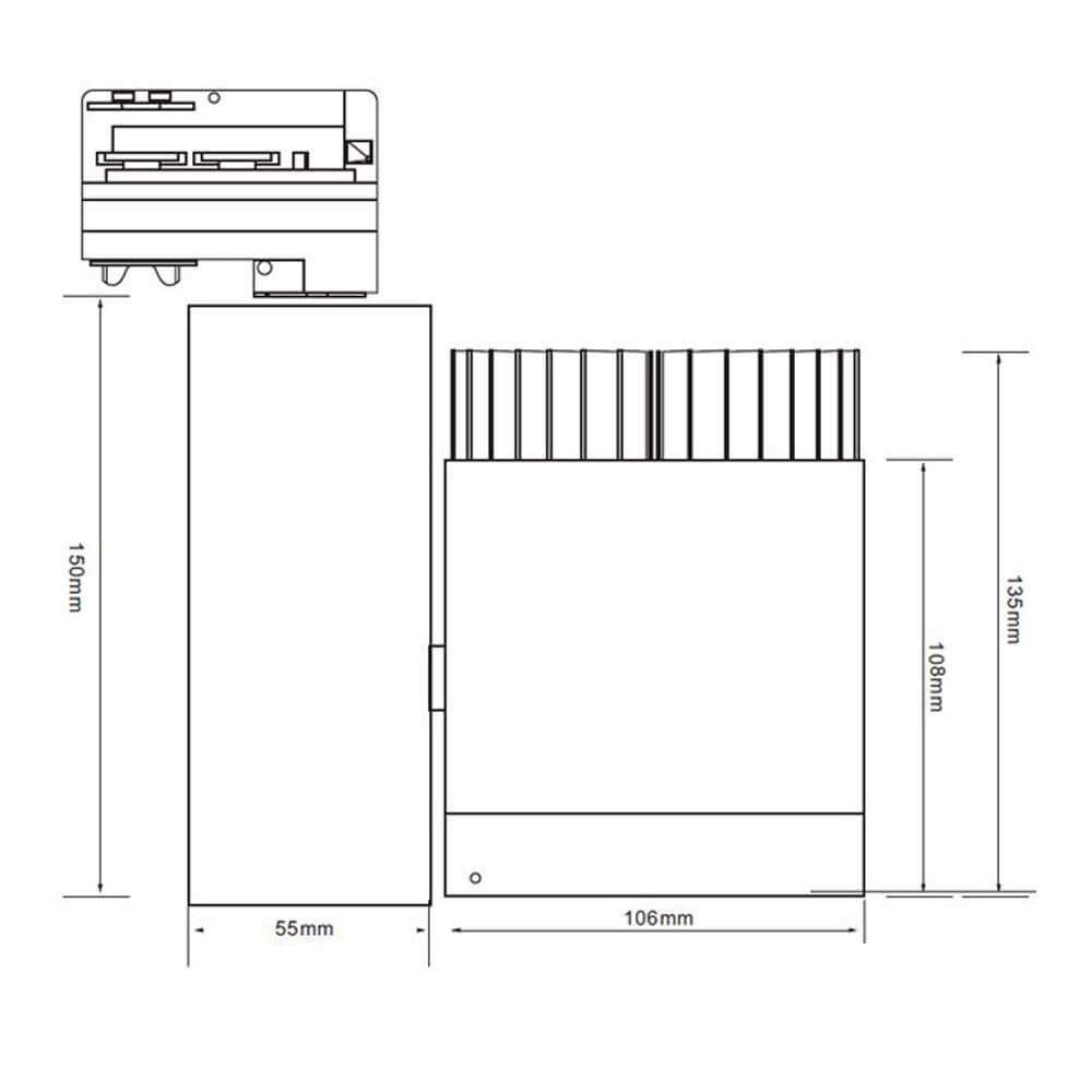 Technische Zeichnung des 3-Phasen Power-LED Strahler 3400lm 35W 3000K warm Schwarz mit Abmessungen.
