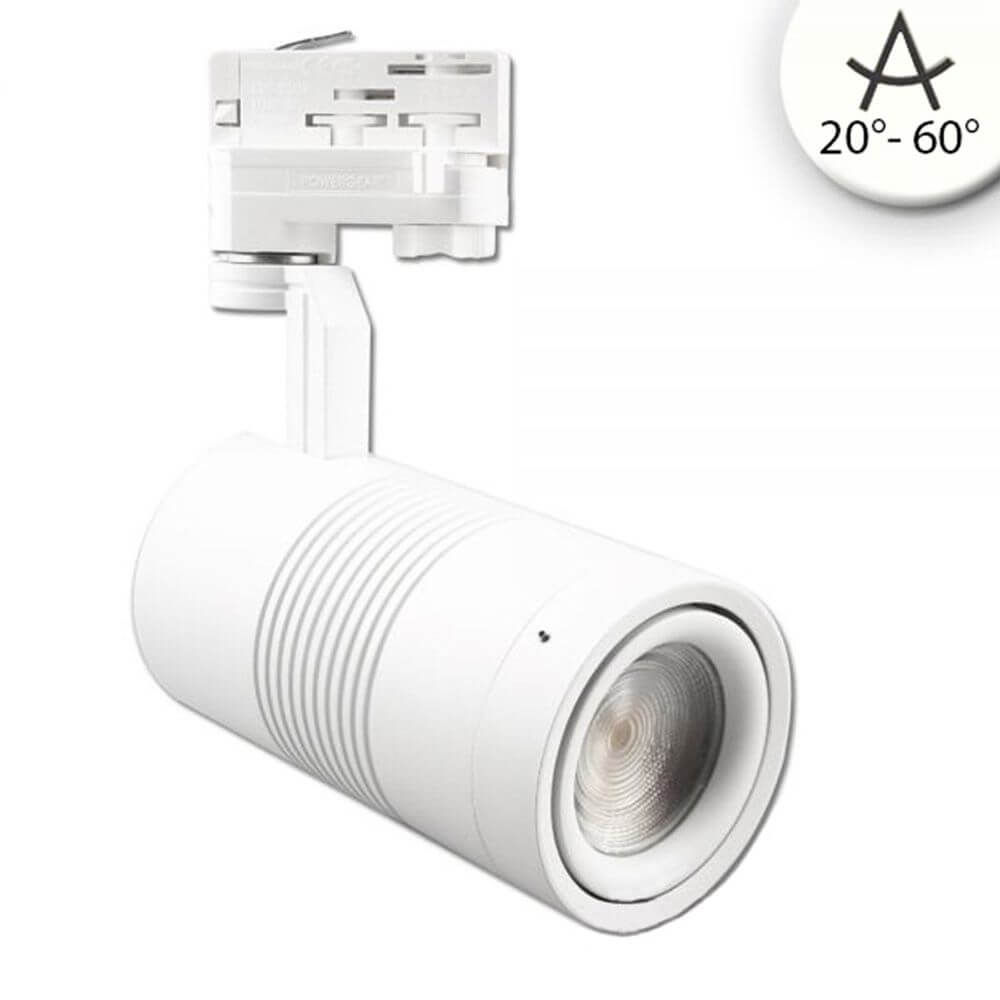 3-Phasen Power-LED Strahler für Schienen mit 2400lm, 24W, 4000K und fokussierbarem Abstrahlwinkel von 20-60°.