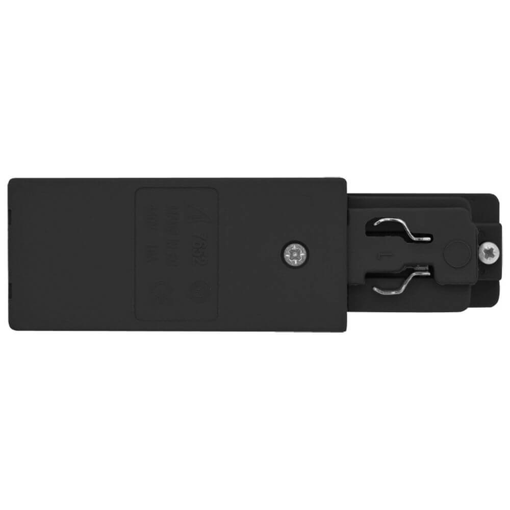 3-Phasen Seiten-Einspeiser Rechts in Schwarz für Stromschienen, kompakte Bauweise, effiziente Energieverteilung.