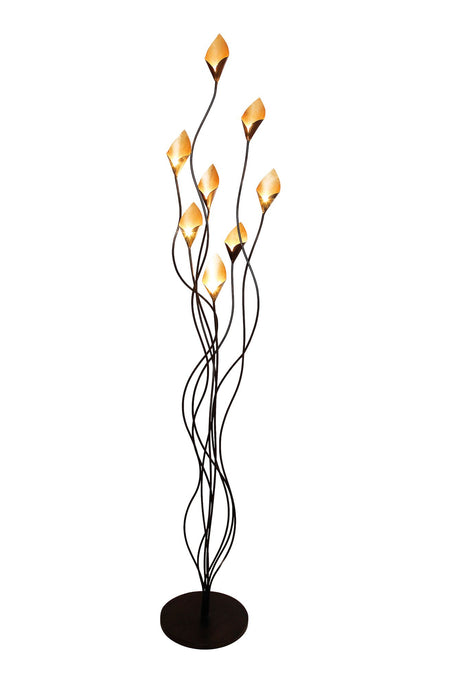 Stehleuchte Calamaro 8-flammig mit goldfarbenen Flammen-Schirmen, geschwungene schwarze Stiele, runde schwarze Standfuß, 186 cm Höhe