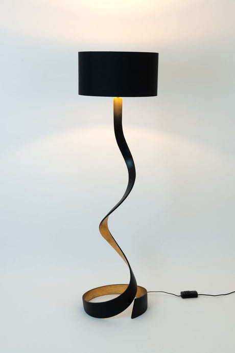 Stehleuchte Vortice Chintz mit Schirm Rund, schwarze Design-Stehlampe aus Eisen mit rundem Chintz-Schirm