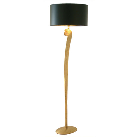 Stehleuchte Lino mit rundem schwarzem Schirm, 160 cm Höhe, Holzstamm natur, goldene Fassung, Frontansicht